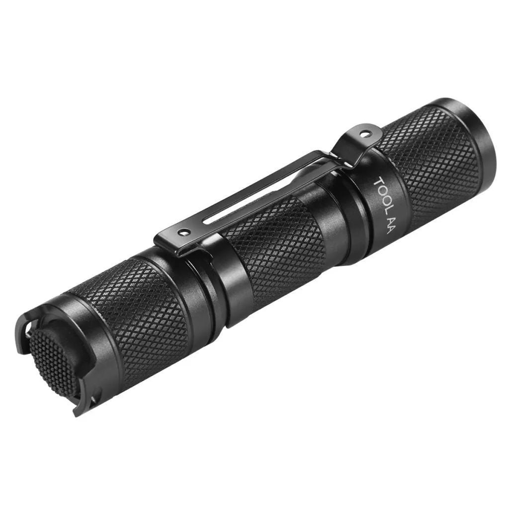 Black Lumintop Tool AA2.0 compact keychain flashlight with magnetic tail cap on a keyring.