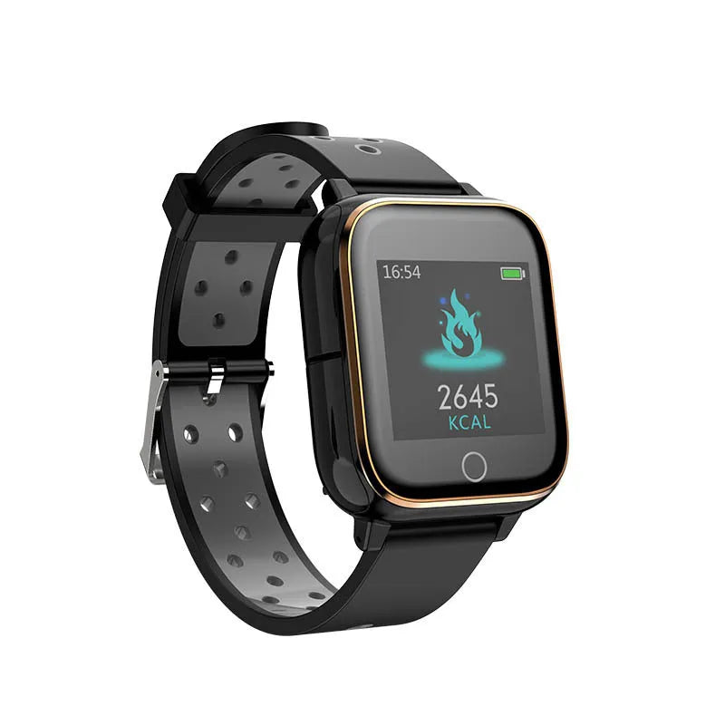 Black smartwatch with integrated Bluetooth earbuds showing 1.4-inch touchscreen display