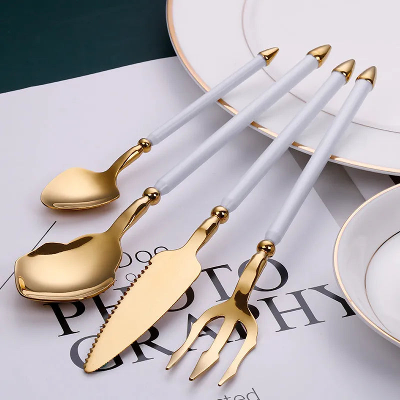 Stainless steel 4-piece cutlery set with knife, fork and two spoons in green gold, blue gold, black gold, white gold, natural, gold or rose gold.