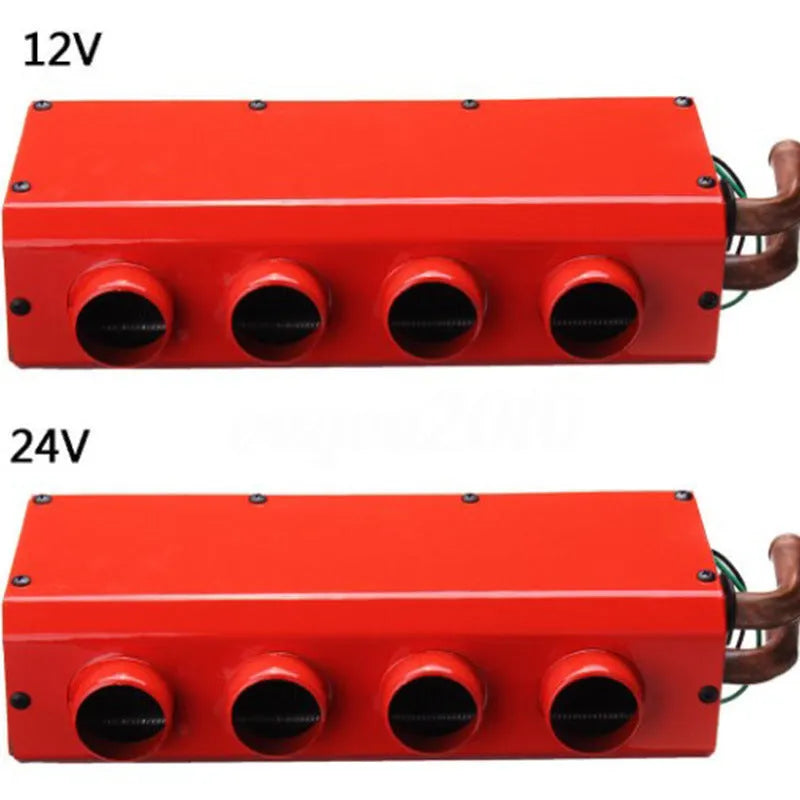 Long small metal car heater with four-hole copper pipe connections for 12V 24V systems.