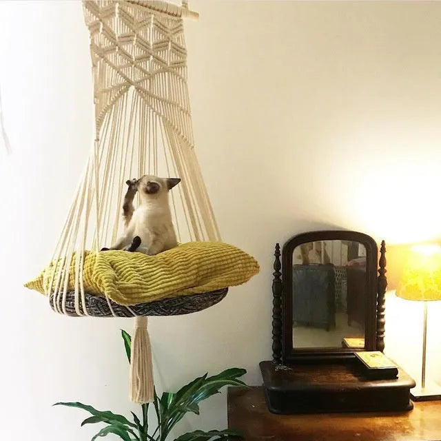 Handmade macrame cotton rope pet swing cage bed in rectangular plain European style for indoor use