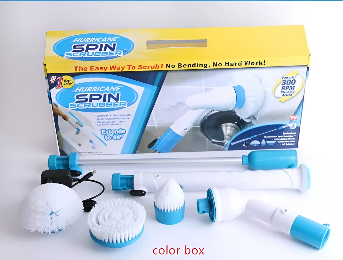 Blue rechargeable electric cleaning brush with retractable handle, three brush heads, and cordless spin scrubber design