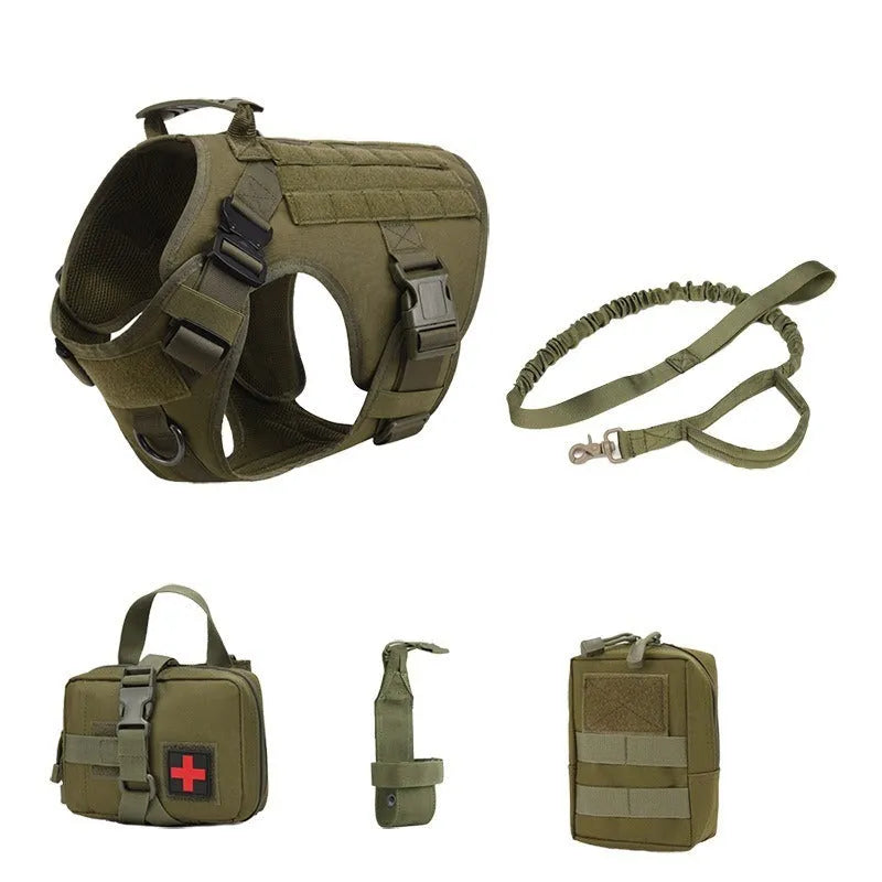 Outdoor tactics five-piece dog harness set in polyester camouflage, available in four colours and sizes S to XL
