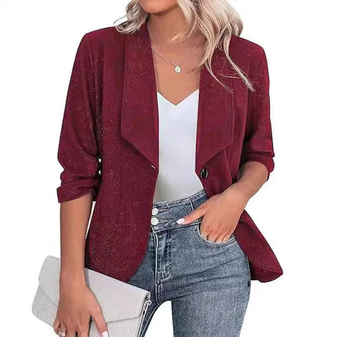 Women's slim fit cardigan suit jacket in polyester available in black, white, or wine red