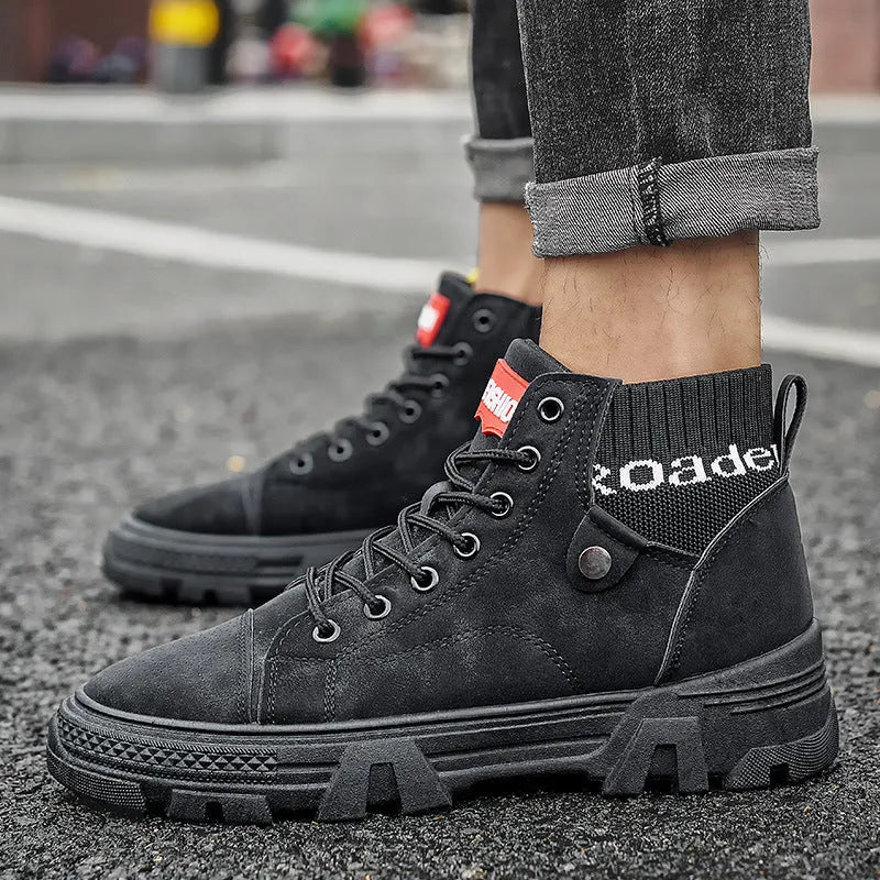Men's high top Martin boots in Black, artificial PU upper, round toe, square low heel, front tie, casual style.