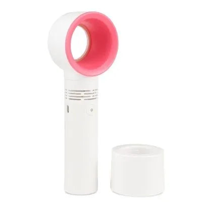 A compact portable bladeless fan with USB cable on a desk.