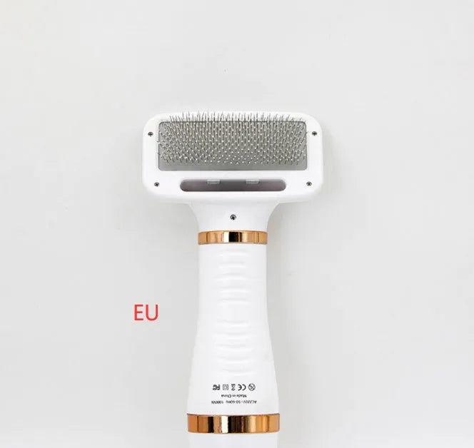 2-in-1 gold pet drying brush with comb, 304 stainless steel needles, rotating head, and UK plug