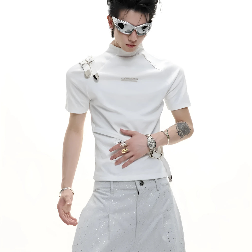 Men's slim fit cotton T-shirt with metal belt design and small stand-up collar in black and white options