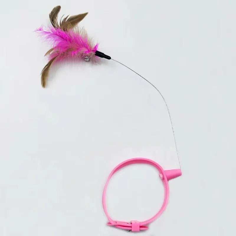 Blue adjustable cat wand toy with silicone feather collar and bell