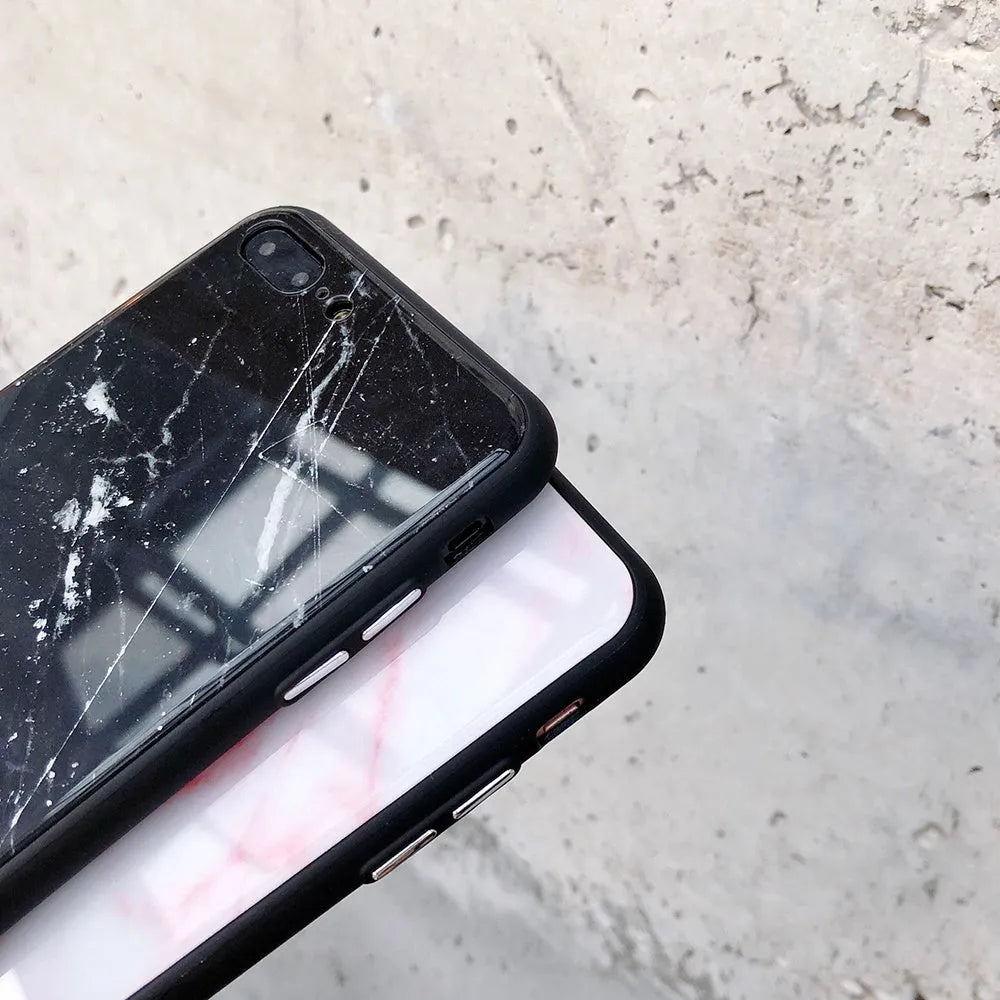 Marble glass phone case with TPU bumper for iPhone 6 to XS Max, Beige colour option