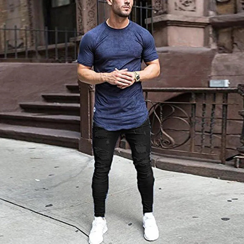 Men's high waist washed cotton denim pencil pants in black, skinny fit with zipper fly