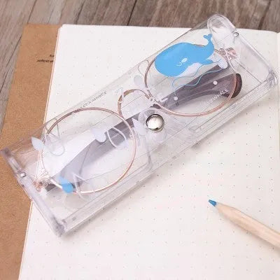 Transparent PVC glasses storage box with cartoon bear design, 15cm long, for spectacle protection