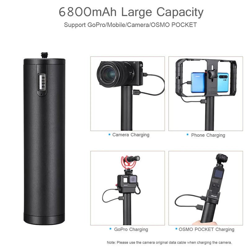 Black aluminium portable power bank with handle and 6800mAh capacity