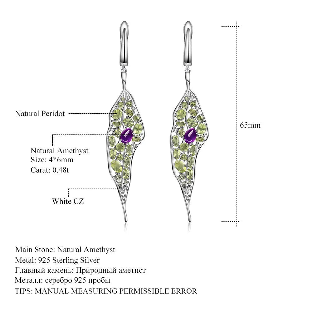 Women's 925 sterling silver earrings with purple amethyst and green olivine gems in a retro style