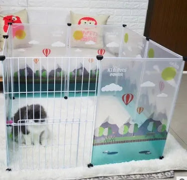 Pet transparent fence plastic panel with adjustable door, style options A through F, on a white table