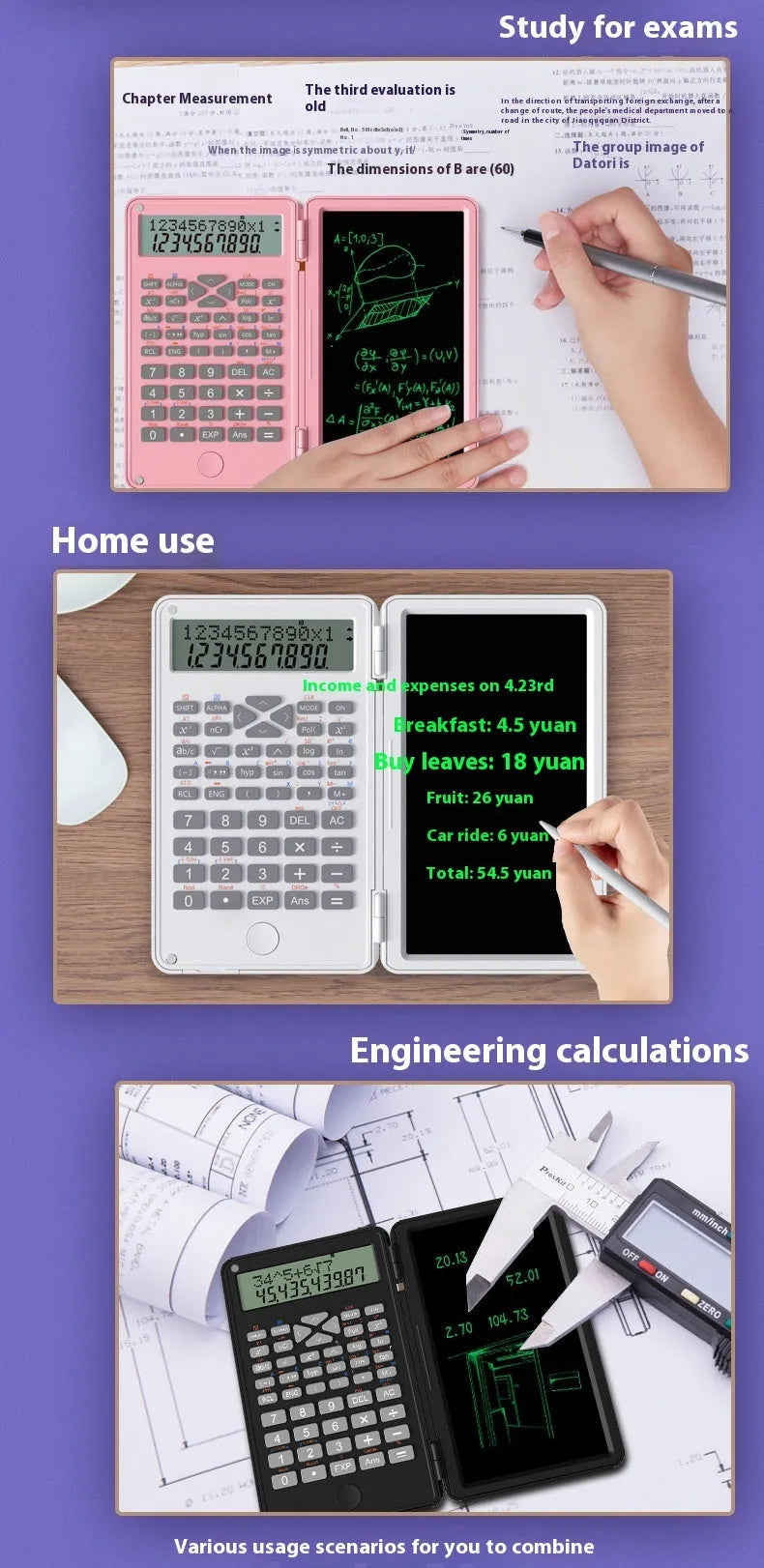 Portable scientific calculator with handwriting board, plastic body, 162 mm length, in black