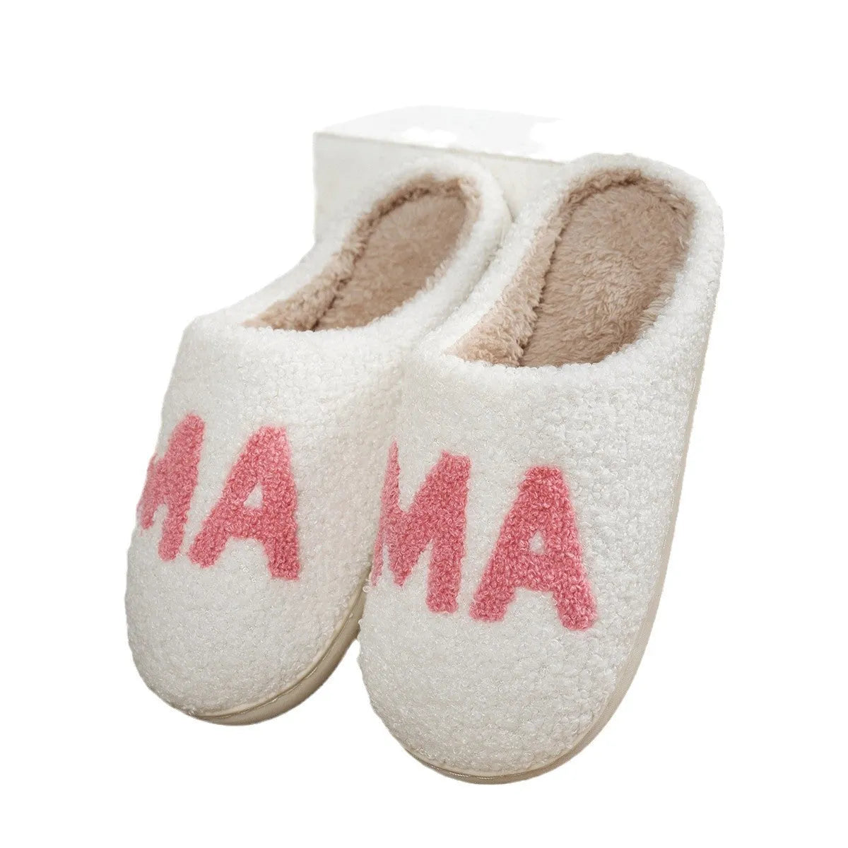White plush cotton slippers with thick non-slip TPR sole on indoor floor