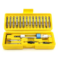 Half Time Drill driver with swivel head next to set of 18 Phillips, flathead, and countersink bits