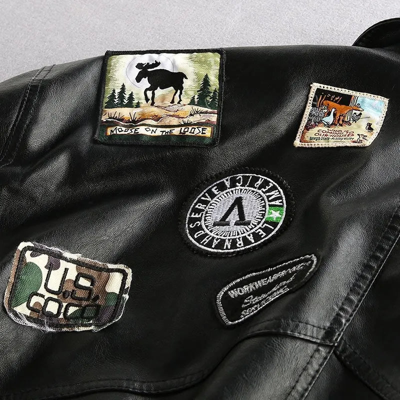 Men's black PU leather biker jacket loose street trend youth pop style front view