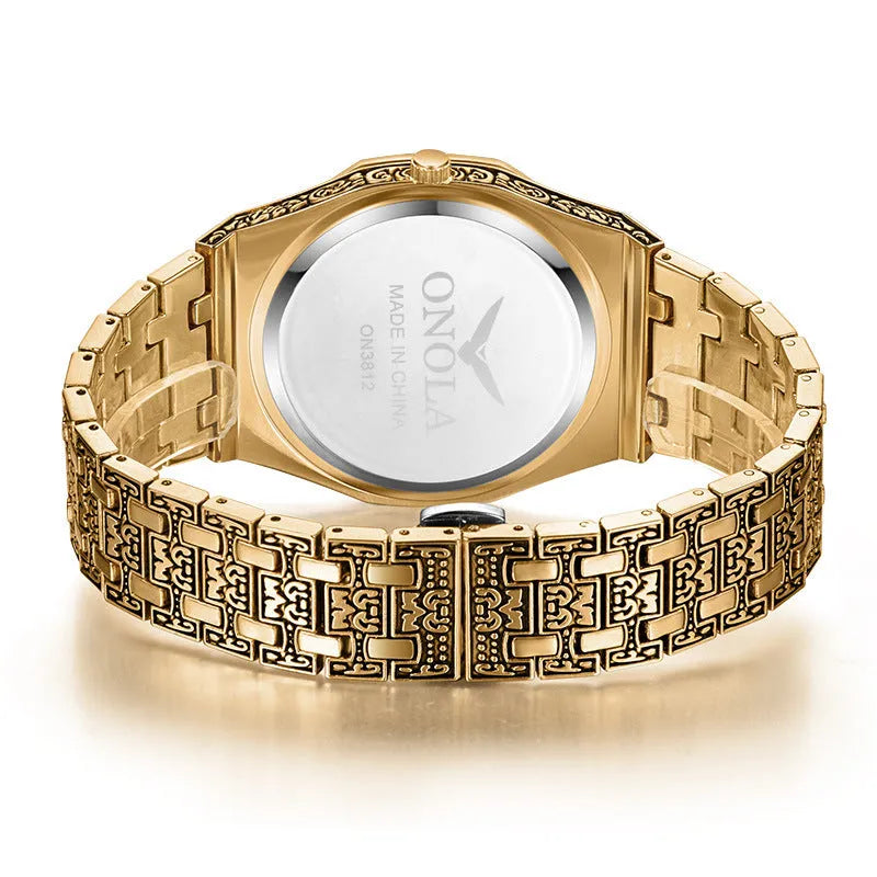 ONOLA vintage carved men's watch with golden alloy case, alloy steel band, 41.5mm dial, and butterfly buckle