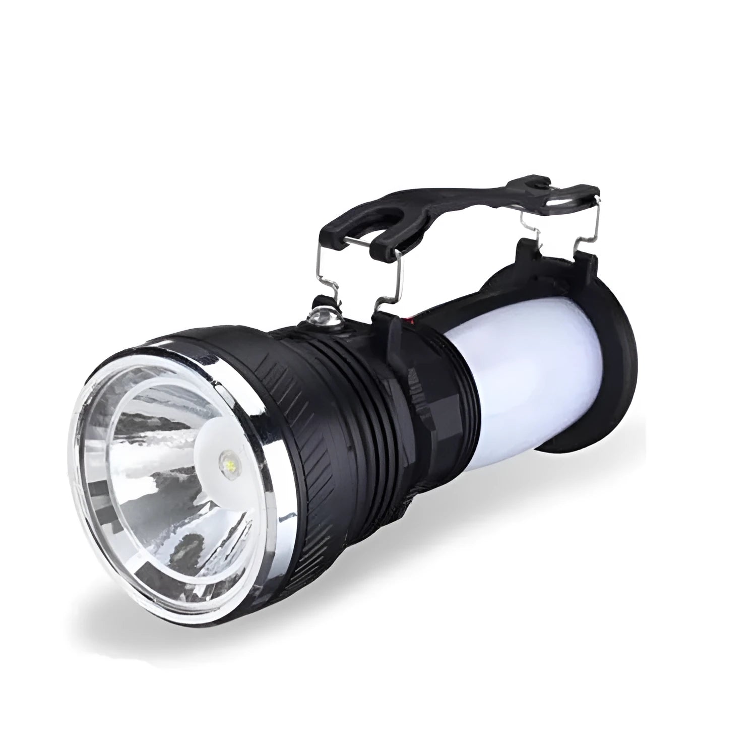 Black solar-powered LED emergency flashlight with USB charging port.