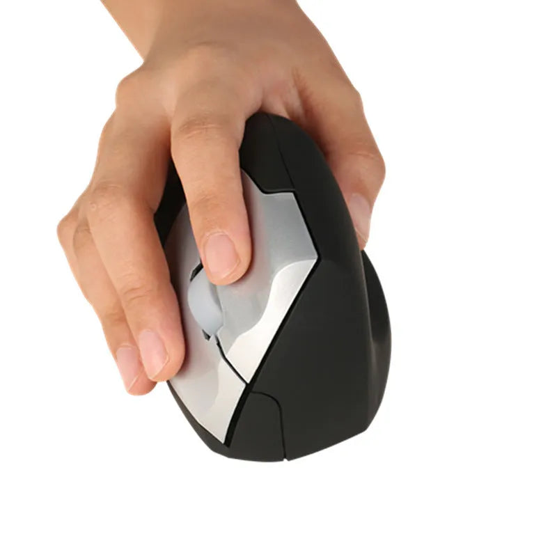 Black wireless vertical mouse with 2.4GHz USB connection, 1200dpi photoelectric sensor, three buttons, and full-size rat shape for desktop use.
