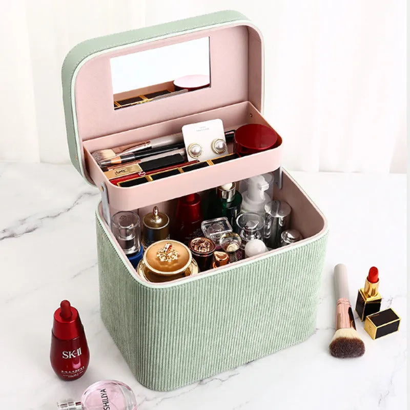 Corduroy cosmetic storage box in a solid colour with a large capacity for home organisation.