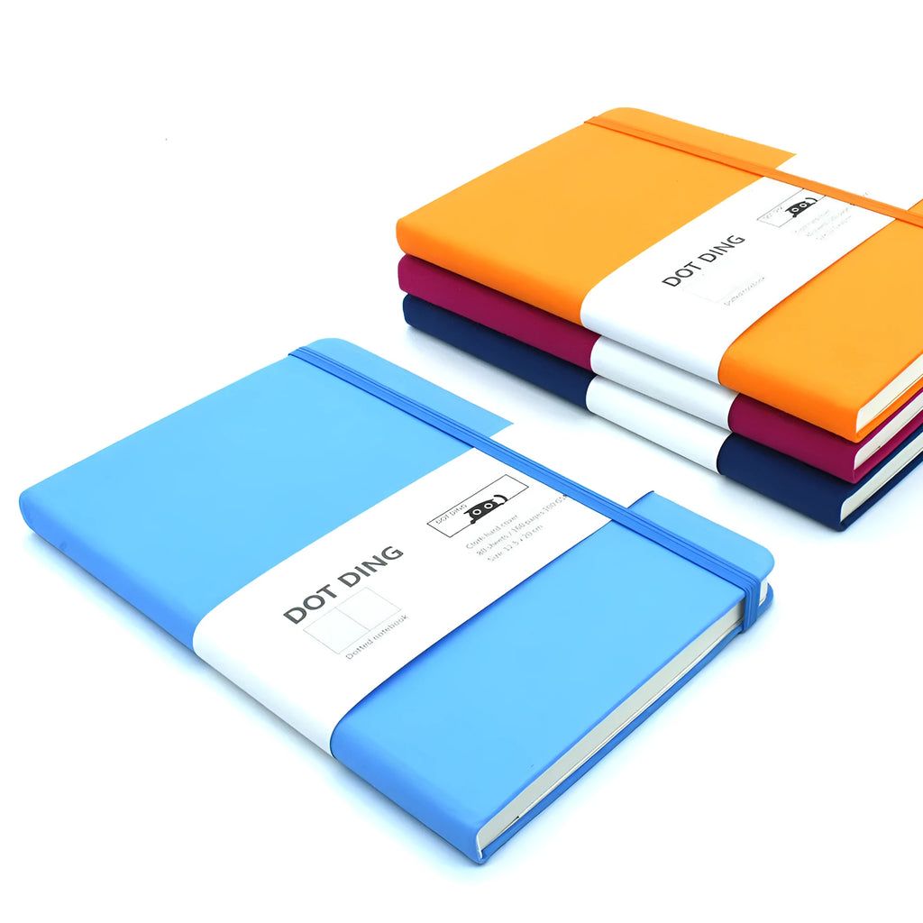 A5 bullet journal dot grid notebook with fabric hard cover, 160 pages of 100 GSM paper, available in red blue orange denim blue and gray