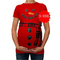 Red cartoon print maternity T-shirt with round collar and short sleeves on a woman