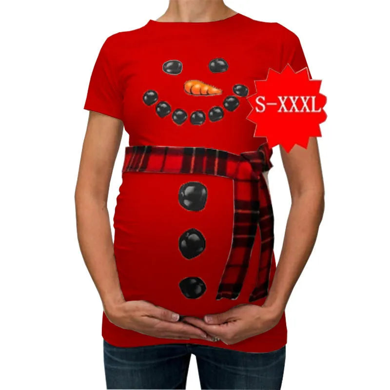 Red cartoon print maternity T-shirt with round collar and short sleeves on a woman