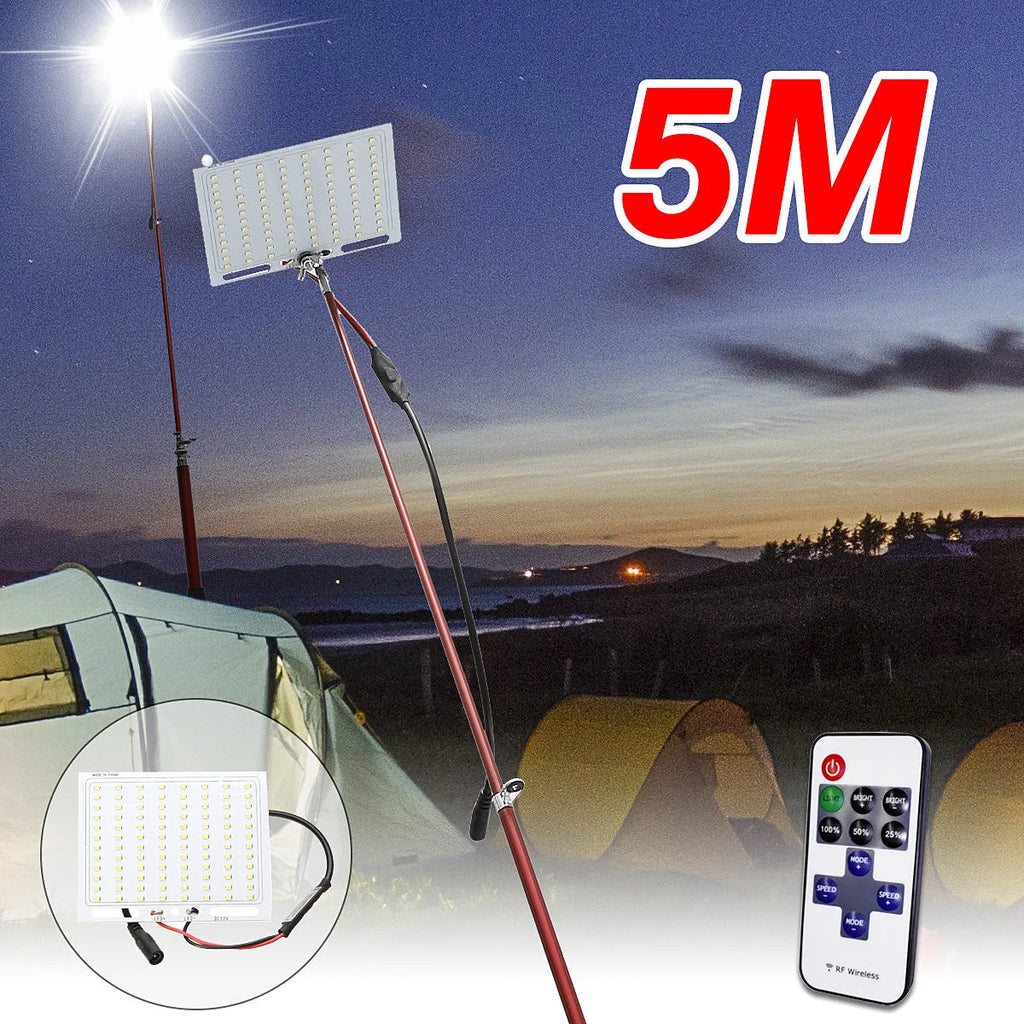 White LED fishing rod light with remote control on telescopic pole for night fishing and outdoor lighting