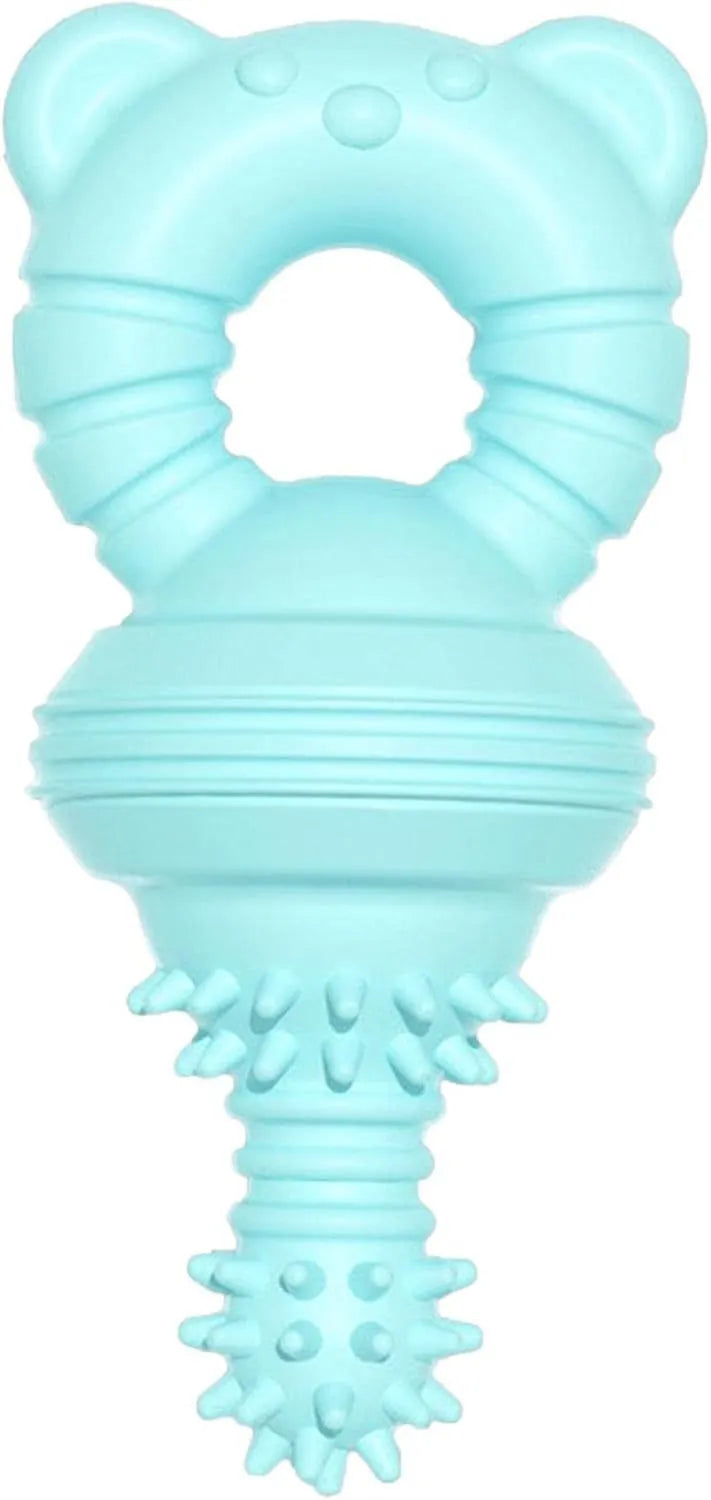 Blue rubber molar clean dog chew toy with bell shape and textured concave-convex surface.