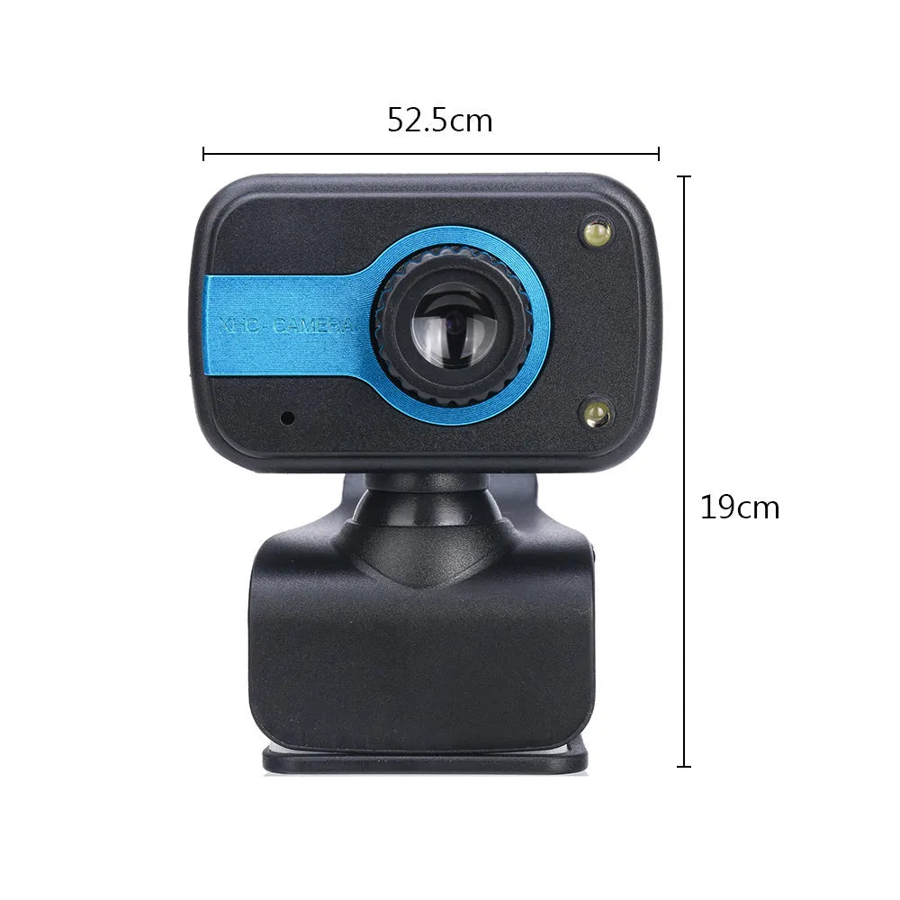 Blue mini driverless USB webcam on a stand with a 1.45m cable and 360-degree rotating head.
