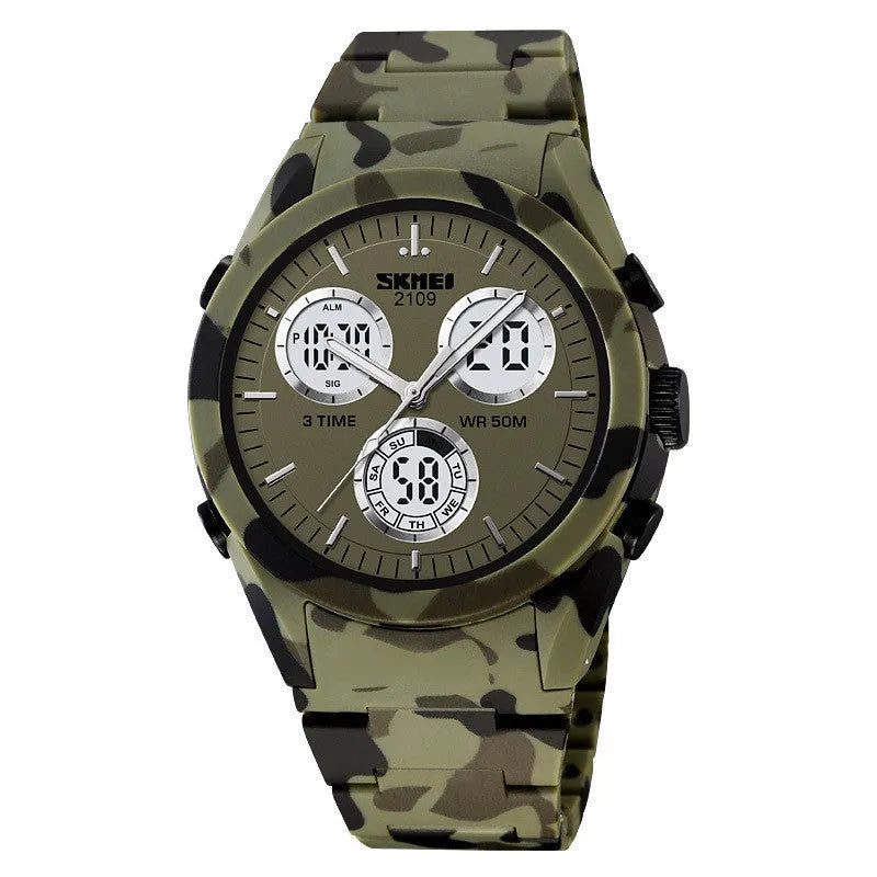 Electronic casual watch with digital display on a camouflage TPU strap, showing time and date.