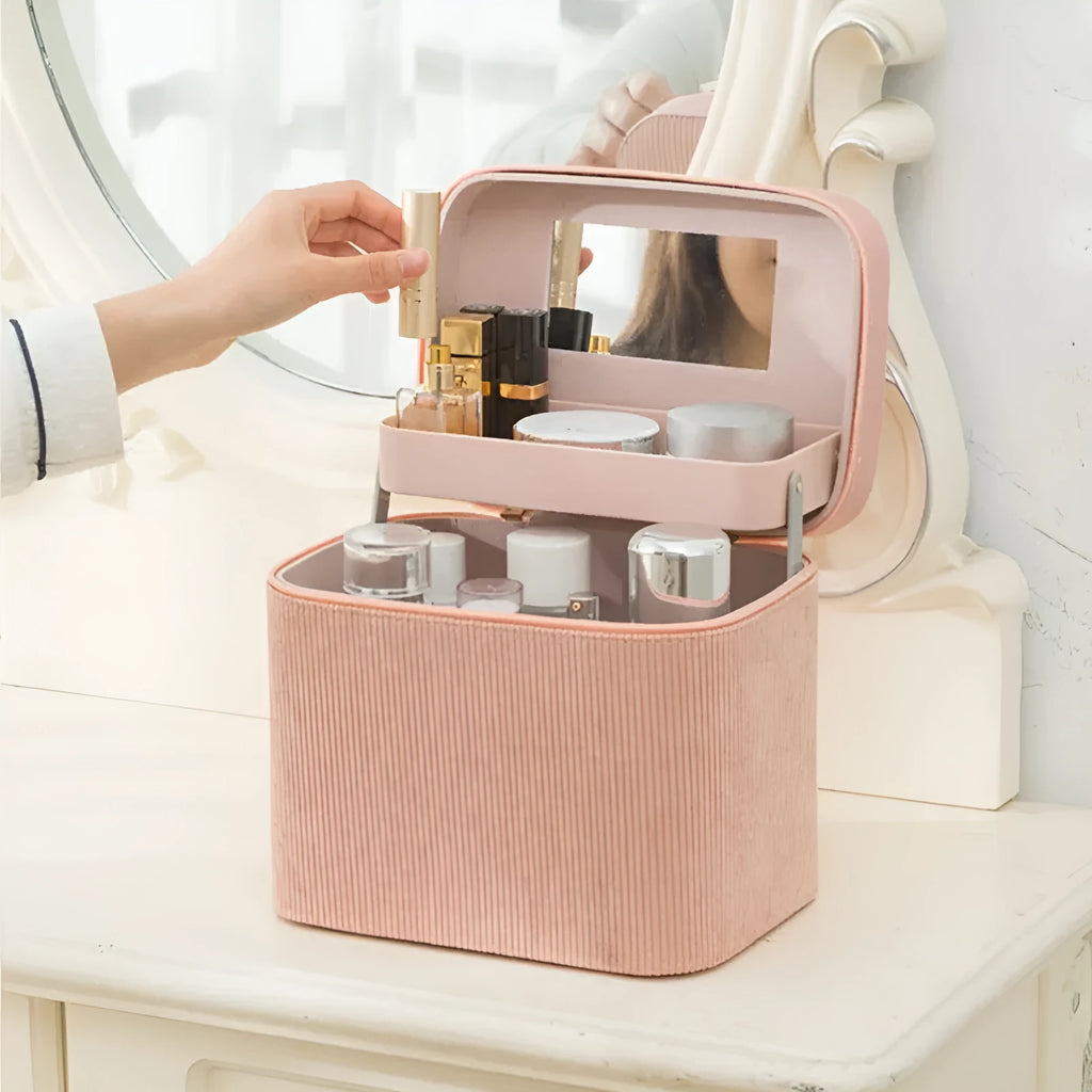 Corduroy cosmetic storage box in a solid colour with a large capacity for home organisation.