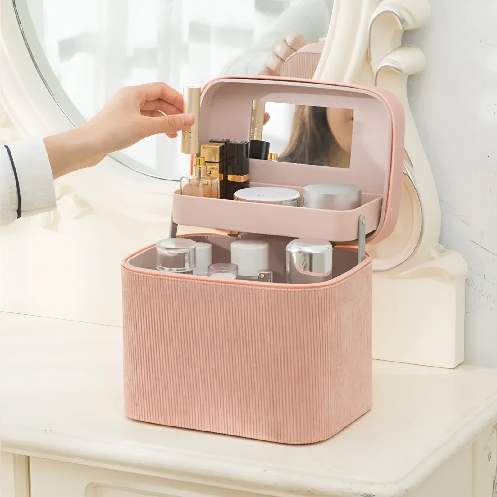 Corduroy cosmetic storage box in a solid colour with a large capacity for home organisation.