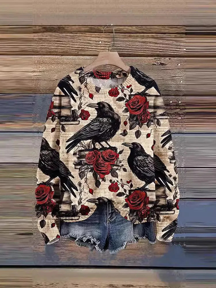 Digital print 3D effect round neck women's sweater in polyester, regular fit, available in multiple sizes