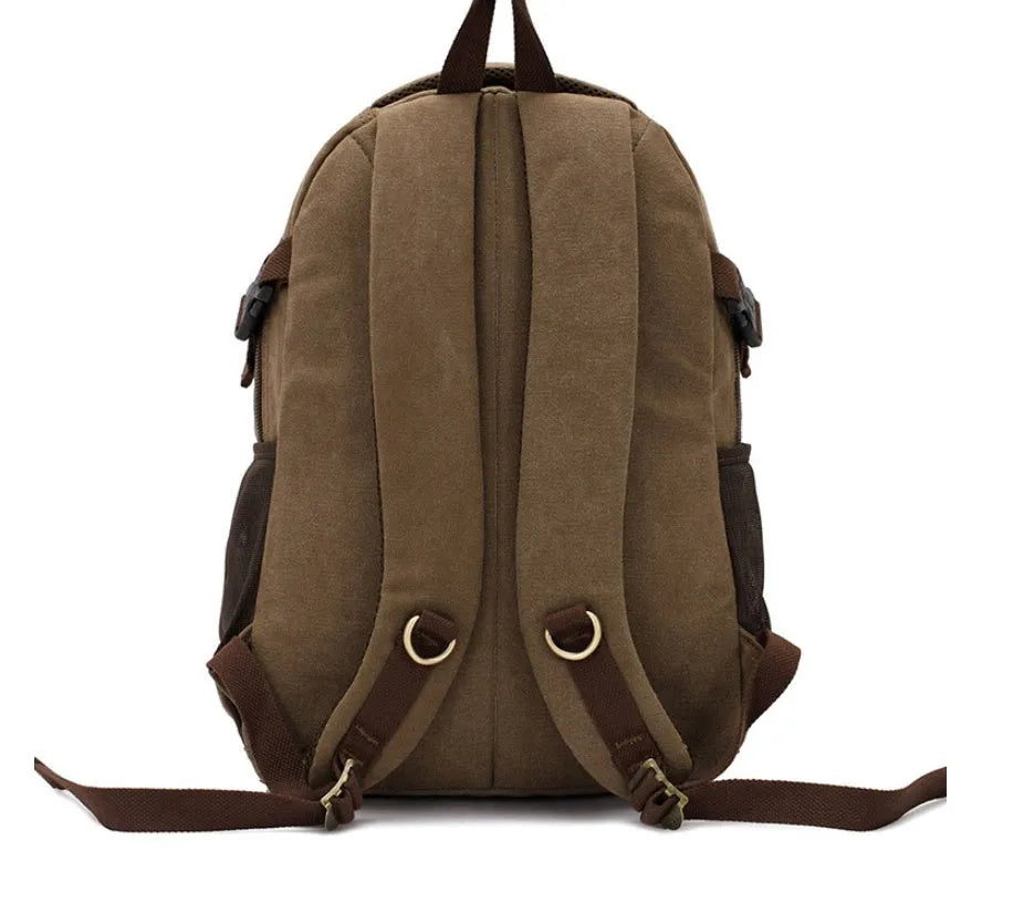 Large canvas travel backpack with air cushion strap in black, 20-35L capacity, front pocket visible