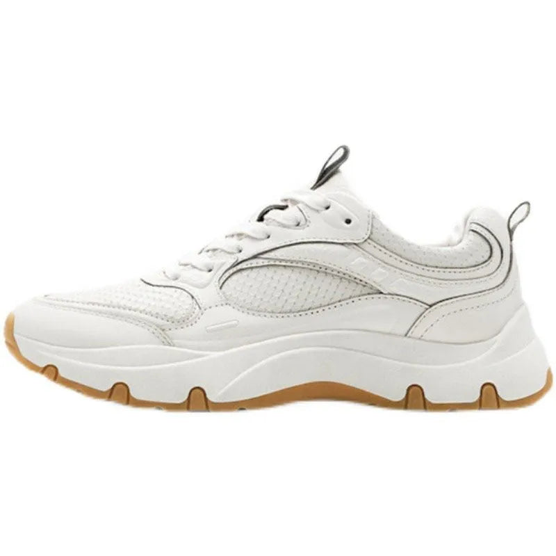 Women's beige round toe casual sneakers with cross straps, thick sole, and top layer cowhide upper