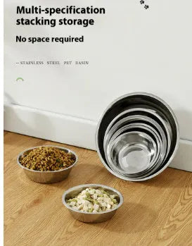 Stainless steel pet bowl with non-slip base shown in various sizes from 13cm to 22cm diameter.