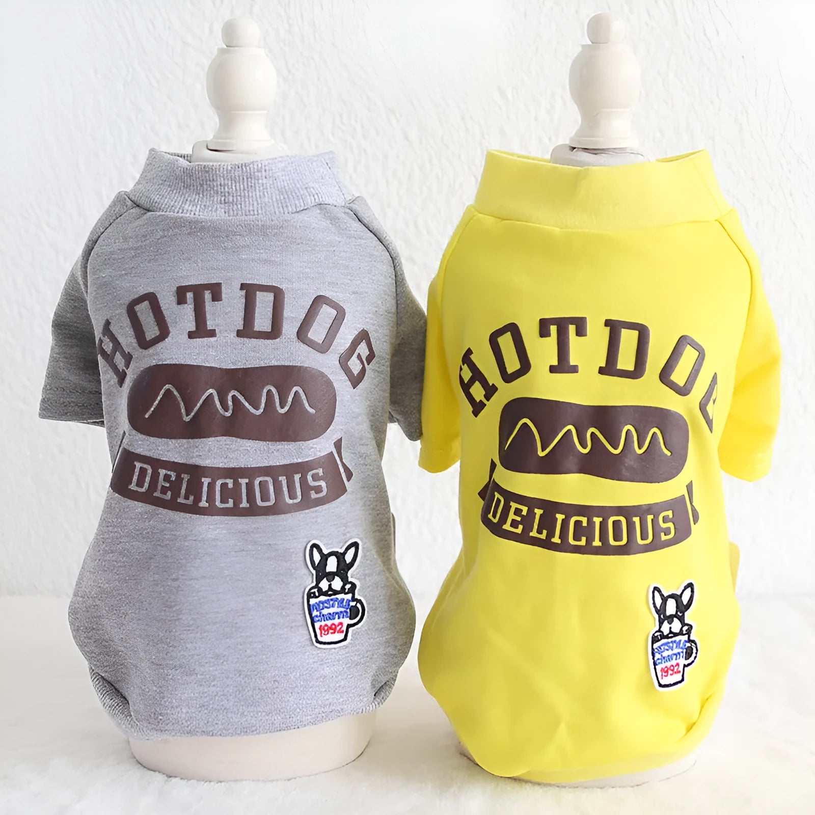 Grey and yellow cotton dog coat size XS for small dogs on white background