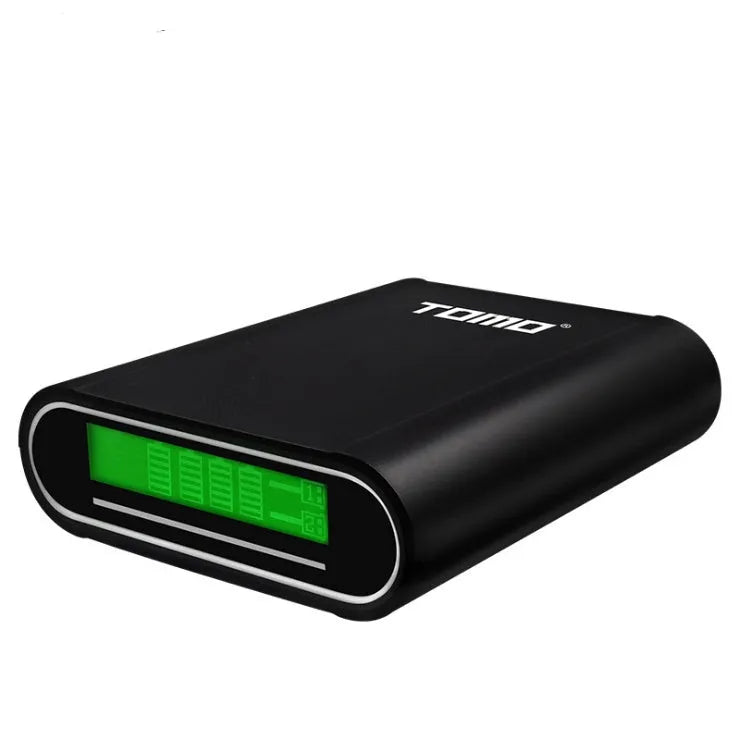 Black mobile power box DIY kit with LCD display showing battery levels, dual USB outputs, and Micro USB input