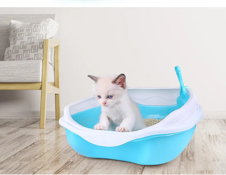 Large blue semi-enclosed thickened plastic cat litter box with cat shovel and optional mat