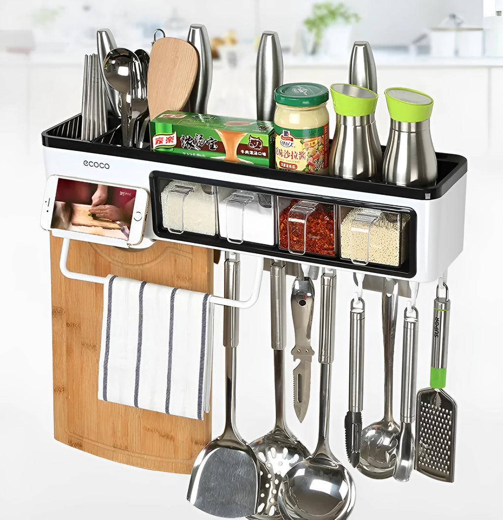 White plastic multi-function wall-mounted kitchen storage rack holding utensils and seasoning bottles