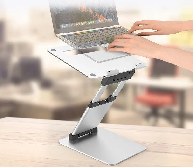 Silver folding double-arm laptop stand for 17-inch notebooks with aluminium alloy construction