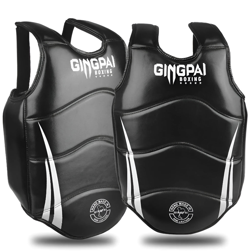 Boxing chest protector made of PU leather with EVA liner, in black, with straps and padding.