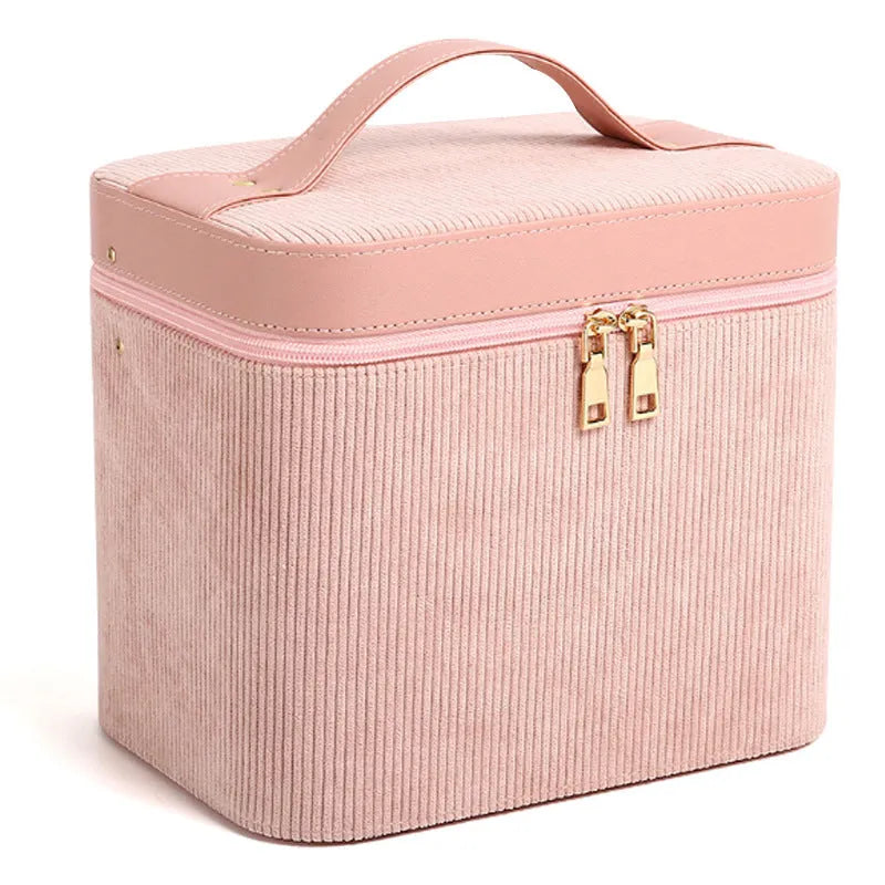 Corduroy cosmetic storage box in a solid colour with a large capacity for home organisation.