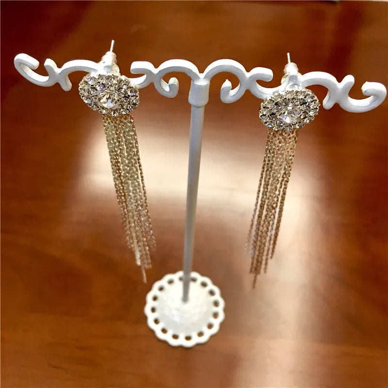 Silver plated crystal tassel drop earrings for women, Korean style dressing accessory
