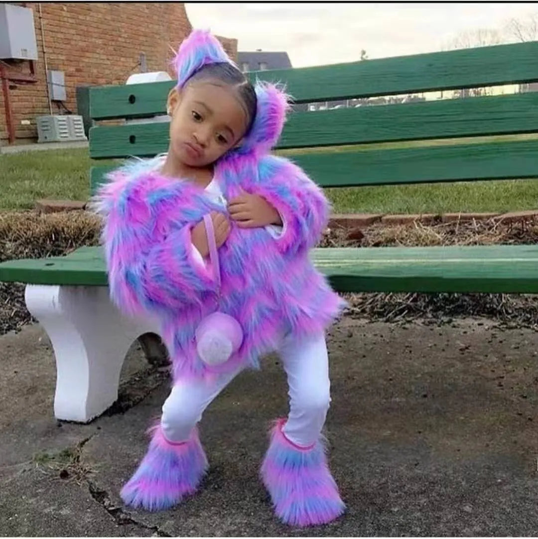 Short kids faux fur coat with tie-dye pattern, artificial fur, 40-50cm length, multiple colours and sizes 6 months to 8 years