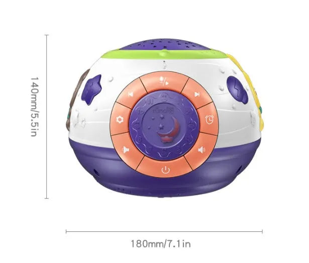White starry sky night light projector for children showing control button and projection pattern